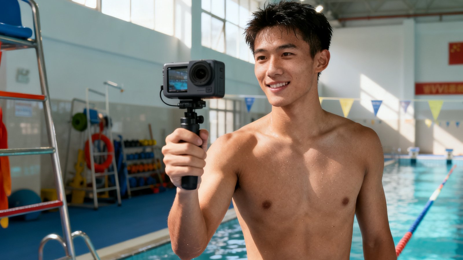 V体育签约的游泳运动员在训练馆内进行Vlog拍摄，手持运动相机记录日常训练生活的自然画面